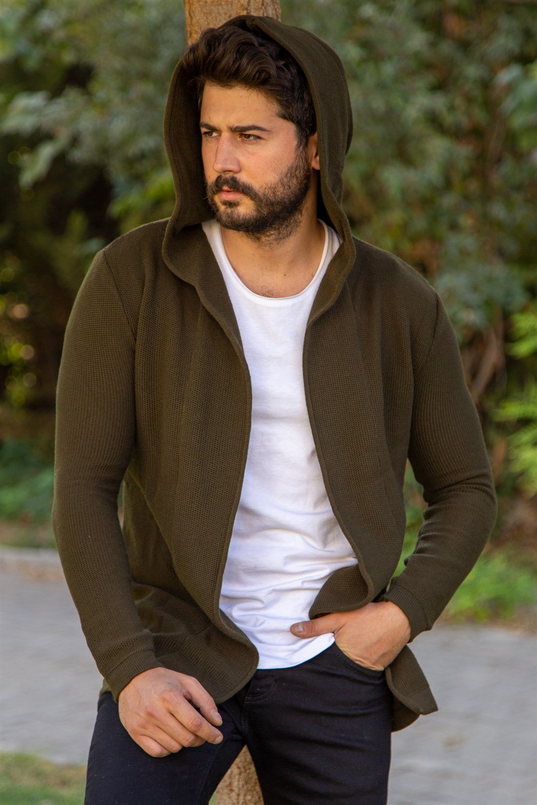 ERKEK KAPŞONLU İNCE ÖRME HIRKA HAKİ YEŞİL Hırka HAKİ YEŞİL