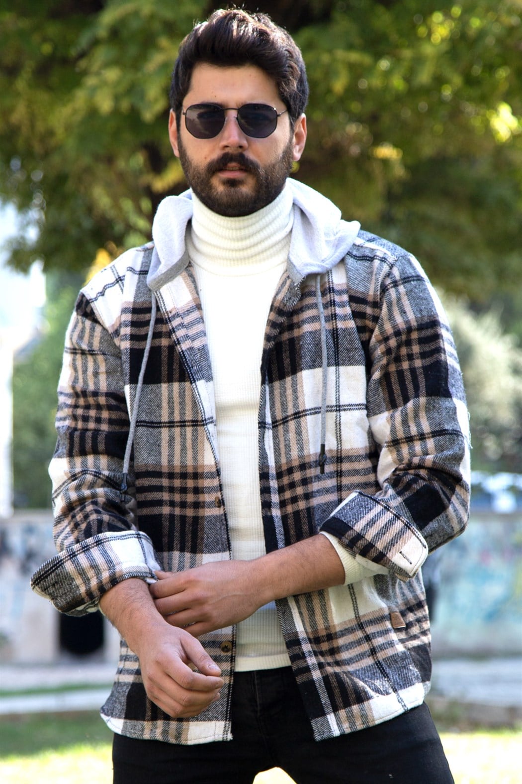 ERKEK Kapşonlu Oduncu Gömlek SİYAH-BEYAZ-SÜTLÜKAHVE ODUNCU GÖMLEK SİYAH-BEYAZ-SÜTLÜKAHVE