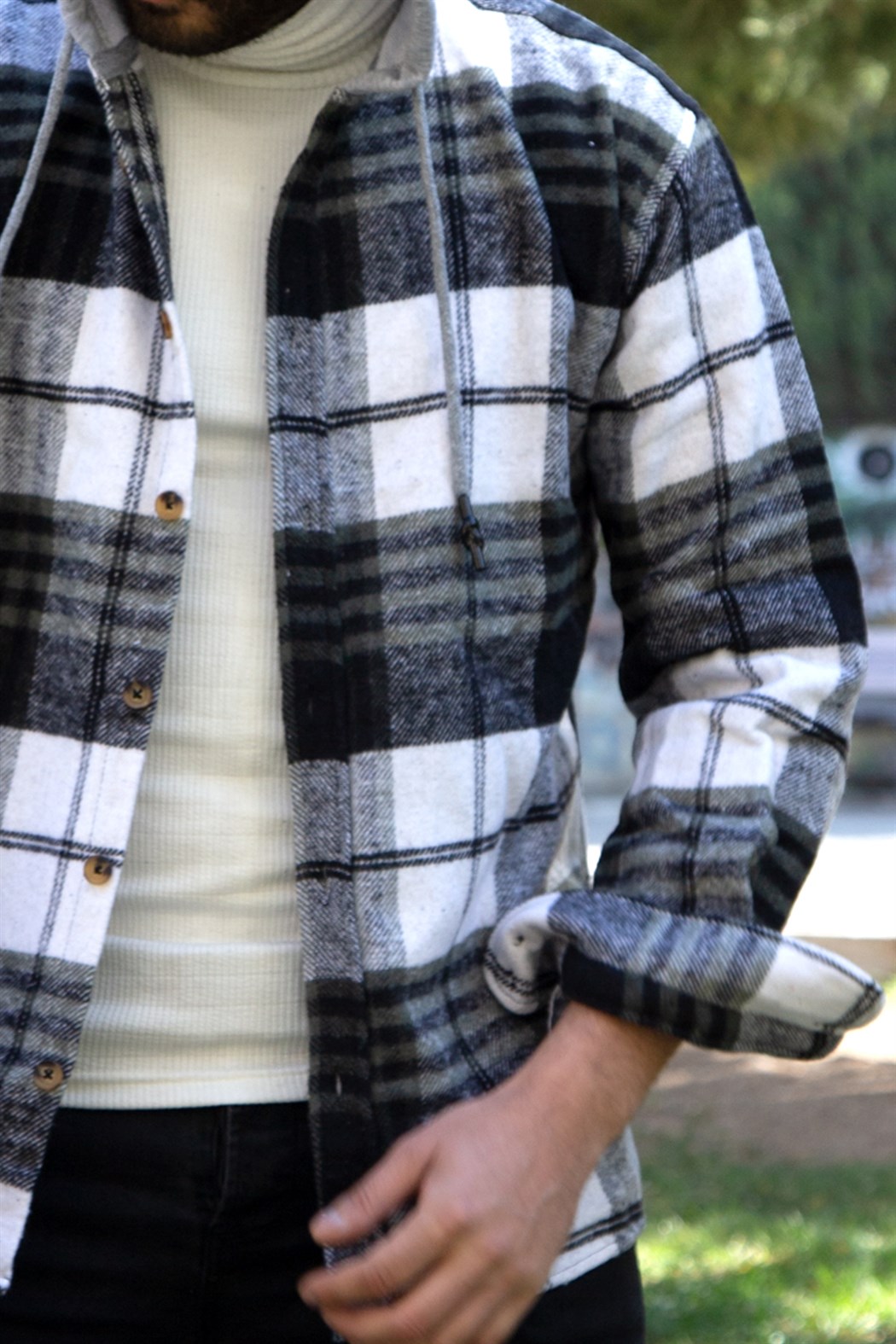 ERKEK Kapşonlu Oduncu Gömlek SİYAH-BEYAZ-HAKİ ODUNCU GÖMLEK SİYAH-BEYAZ-HAKİ