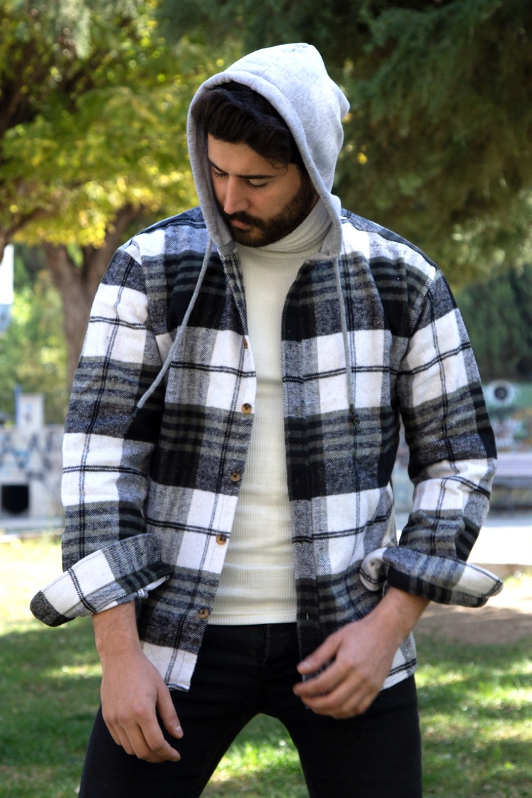 ERKEK Kapşonlu Oduncu Gömlek SİYAH-BEYAZ-HAKİ ODUNCU GÖMLEK SİYAH-BEYAZ-HAKİ