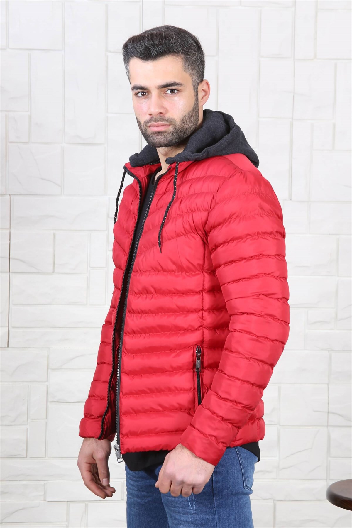 ERKEK KAPŞONLU ŞİŞME MONT KIRMIZI KIRMIZI