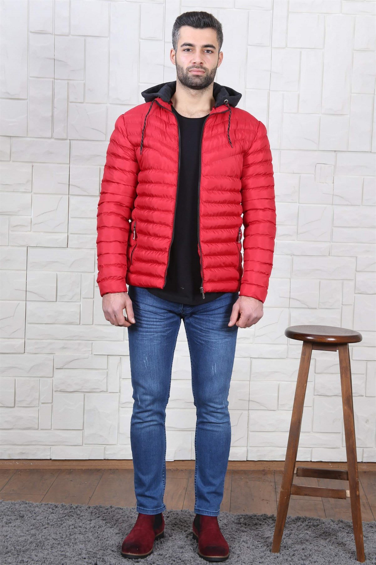 ERKEK KAPŞONLU ŞİŞME MONT KIRMIZI KIRMIZI