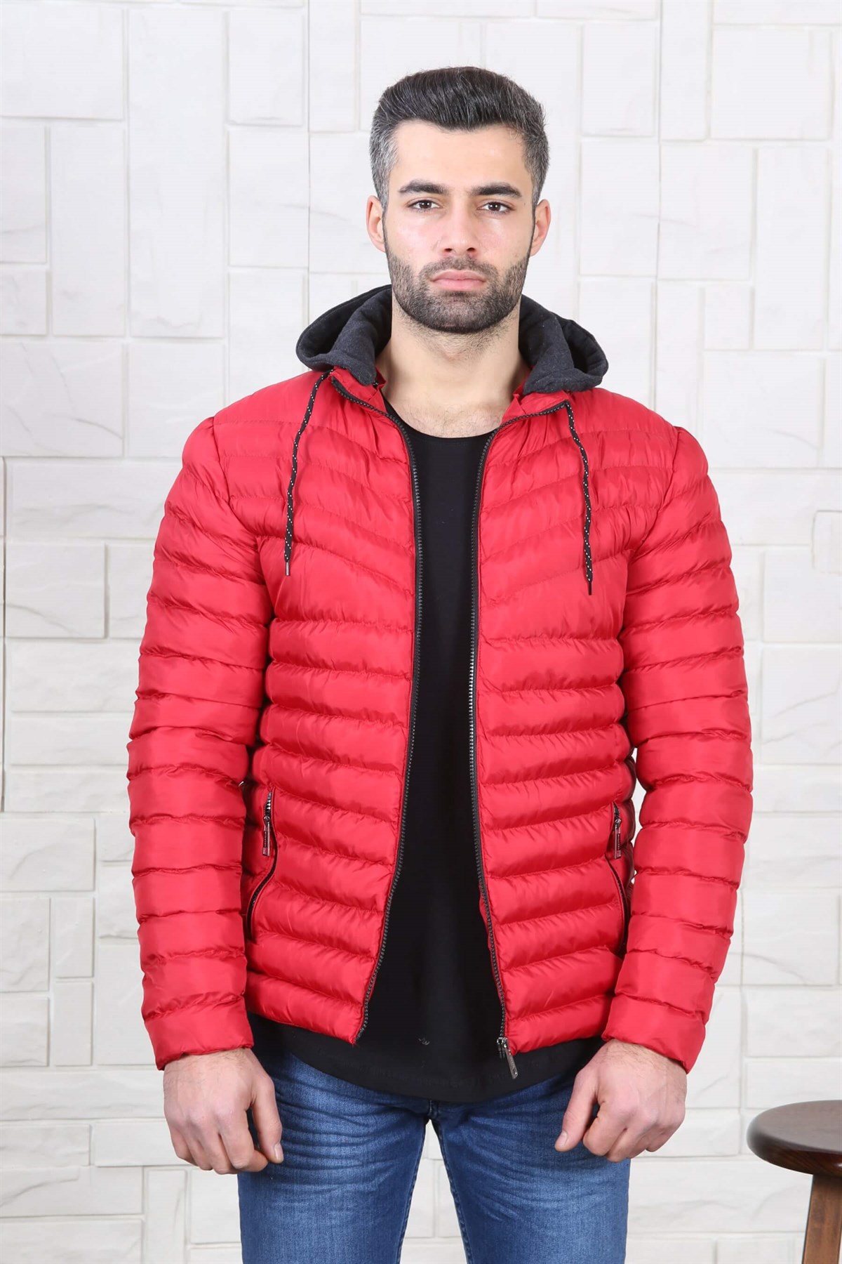 ERKEK KAPŞONLU ŞİŞME MONT KIRMIZI KIRMIZI