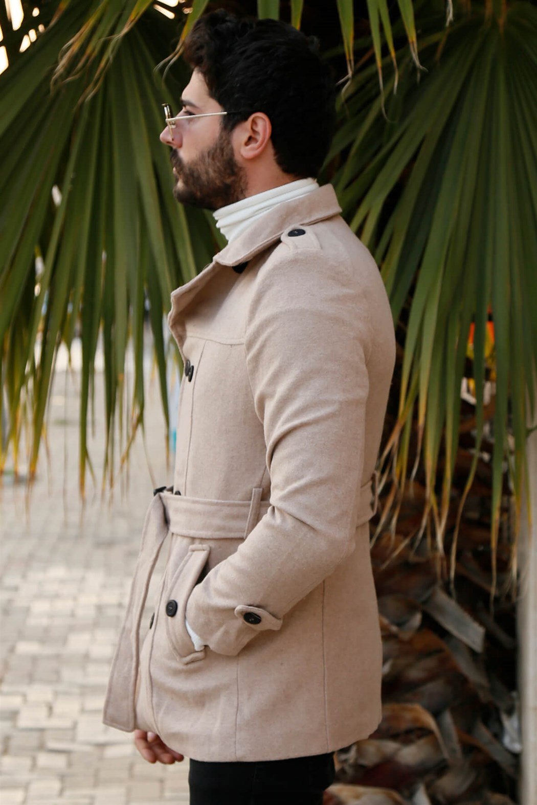 ERKEK Kemerli Kısa Kaşe BEJ mont BEJ