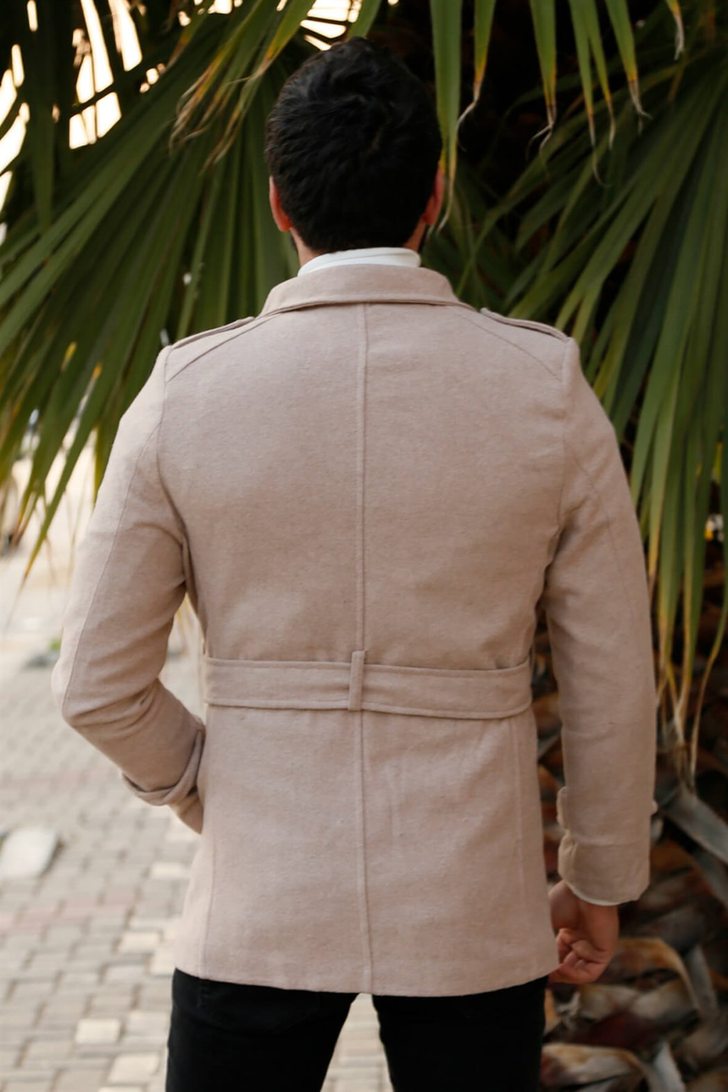 ERKEK Kemerli Kısa Kaşe BEJ mont BEJ