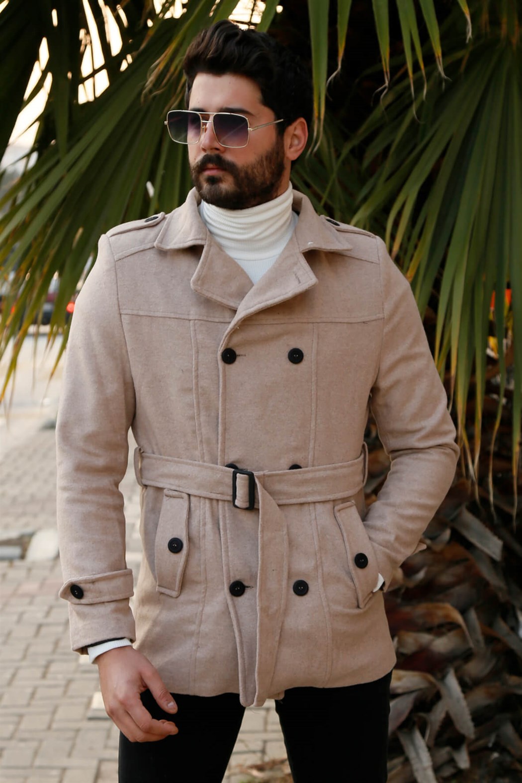ERKEK Kemerli Kısa Kaşe BEJ mont BEJ