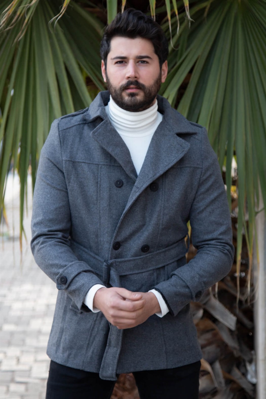 ERKEK Kemerli Kısa Kaşe FÜME mont FÜME