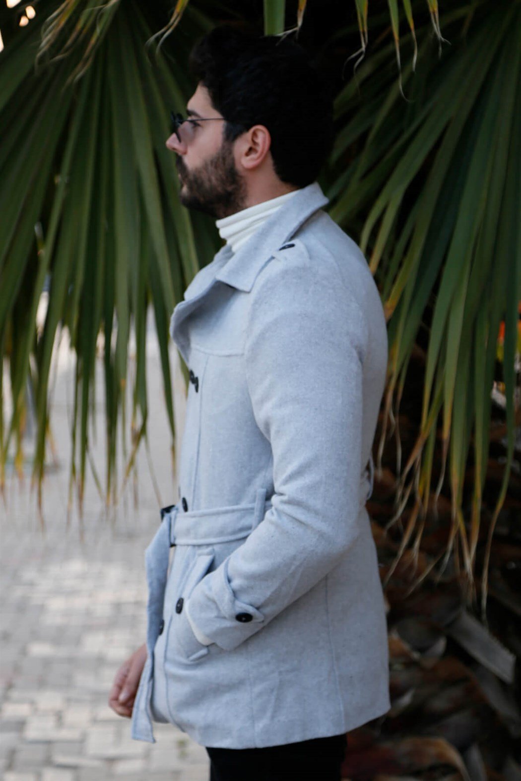 ERKEK Kemerli Kısa Kaşe GRI mont GRI                                                         