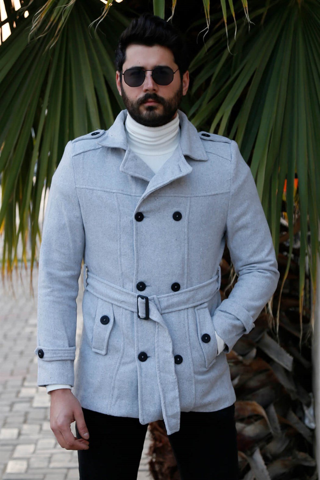 ERKEK Kemerli Kısa Kaşe GRI mont GRI                                                         