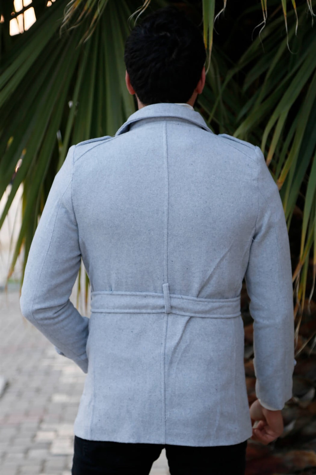 ERKEK Kemerli Kısa Kaşe GRI mont GRI                                                         