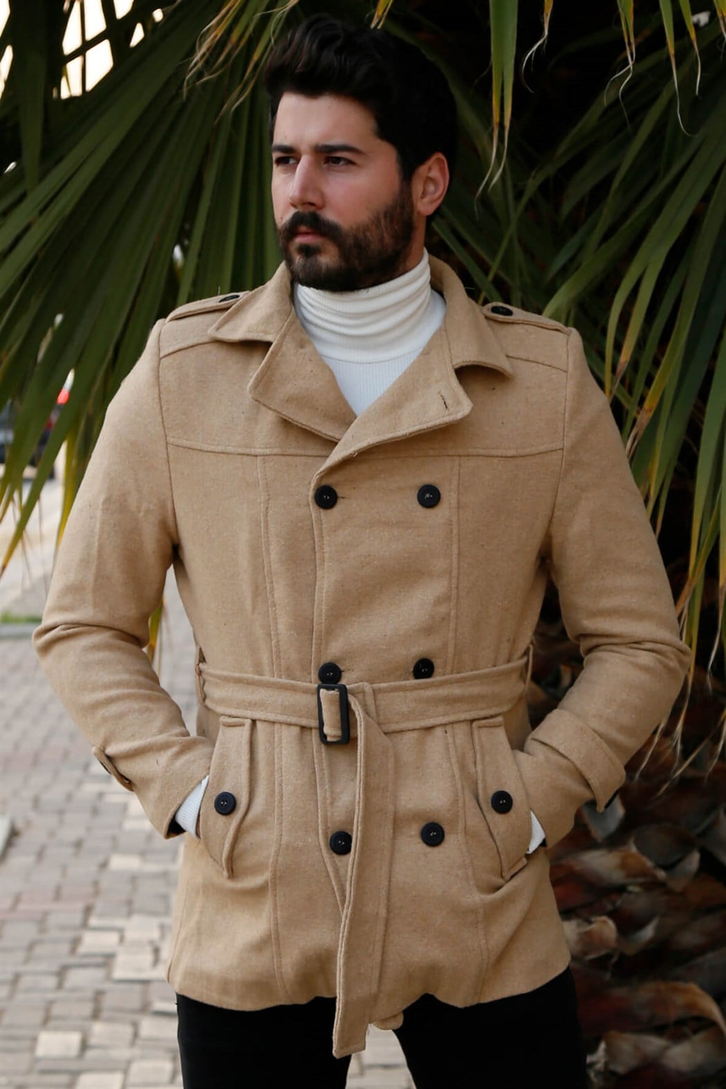 ERKEK Kemerli Kısa Kaşe HARDAL mont HARDAL