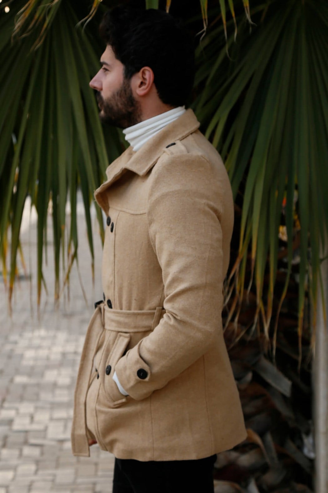 ERKEK Kemerli Kısa Kaşe HARDAL mont HARDAL