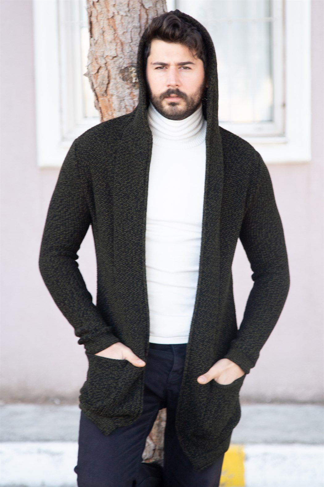 ERKEK Kırçıllı Kalın Hırka Cepli Kapşonlu SİYAH-HAKİ Hırka SİYAH-HAKİ