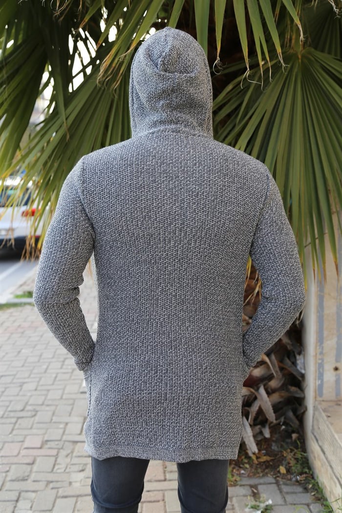 ERKEK Kırçıllı Kalın Hırka Cepli Kapşonlu gri - beyaz Hırka gri - beyaz