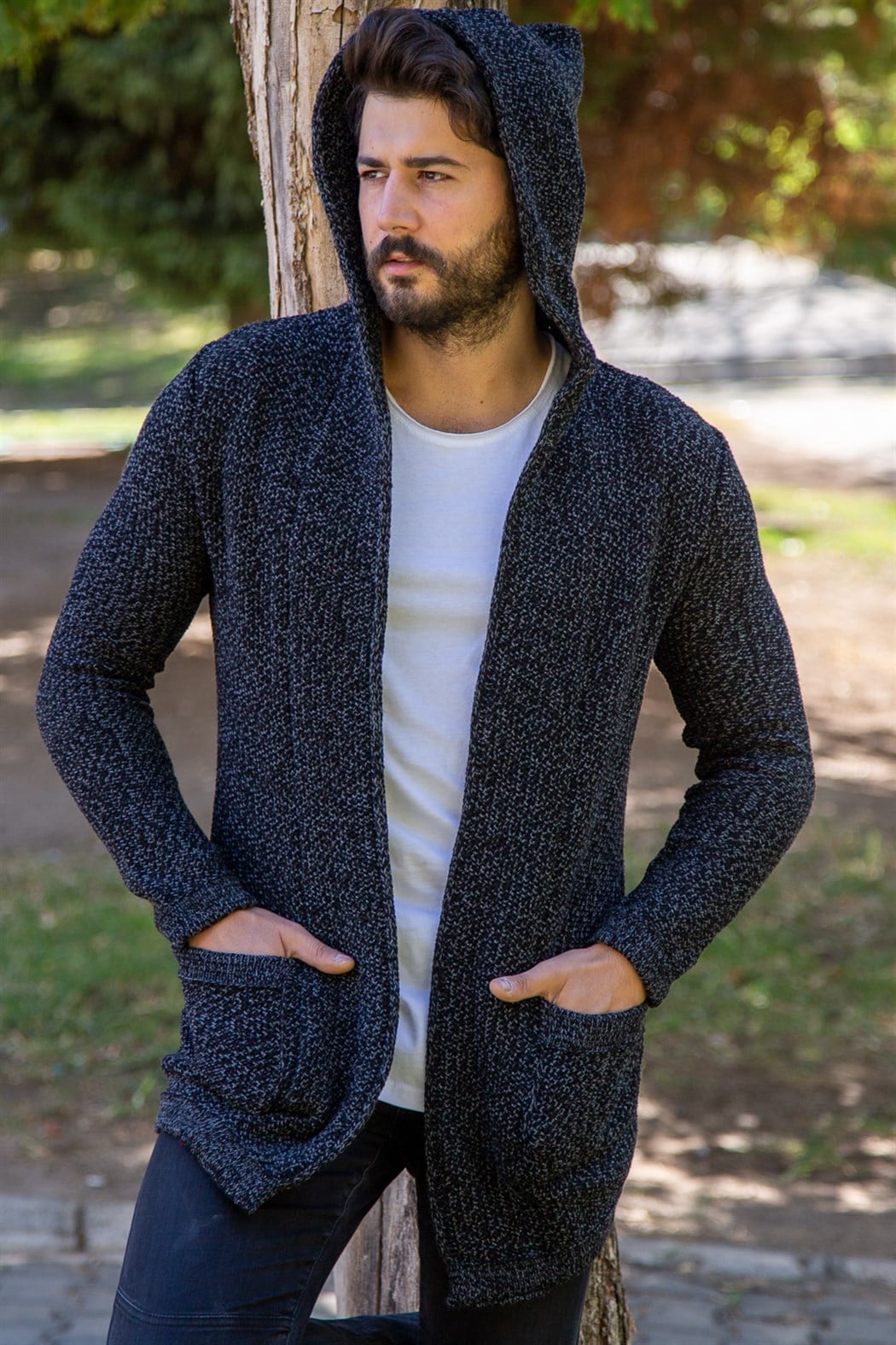 ERKEK Kırçıllı Kalın Hırka Cepli Kapşonlu FÜME SİYAH Hırka FÜME SİYAH