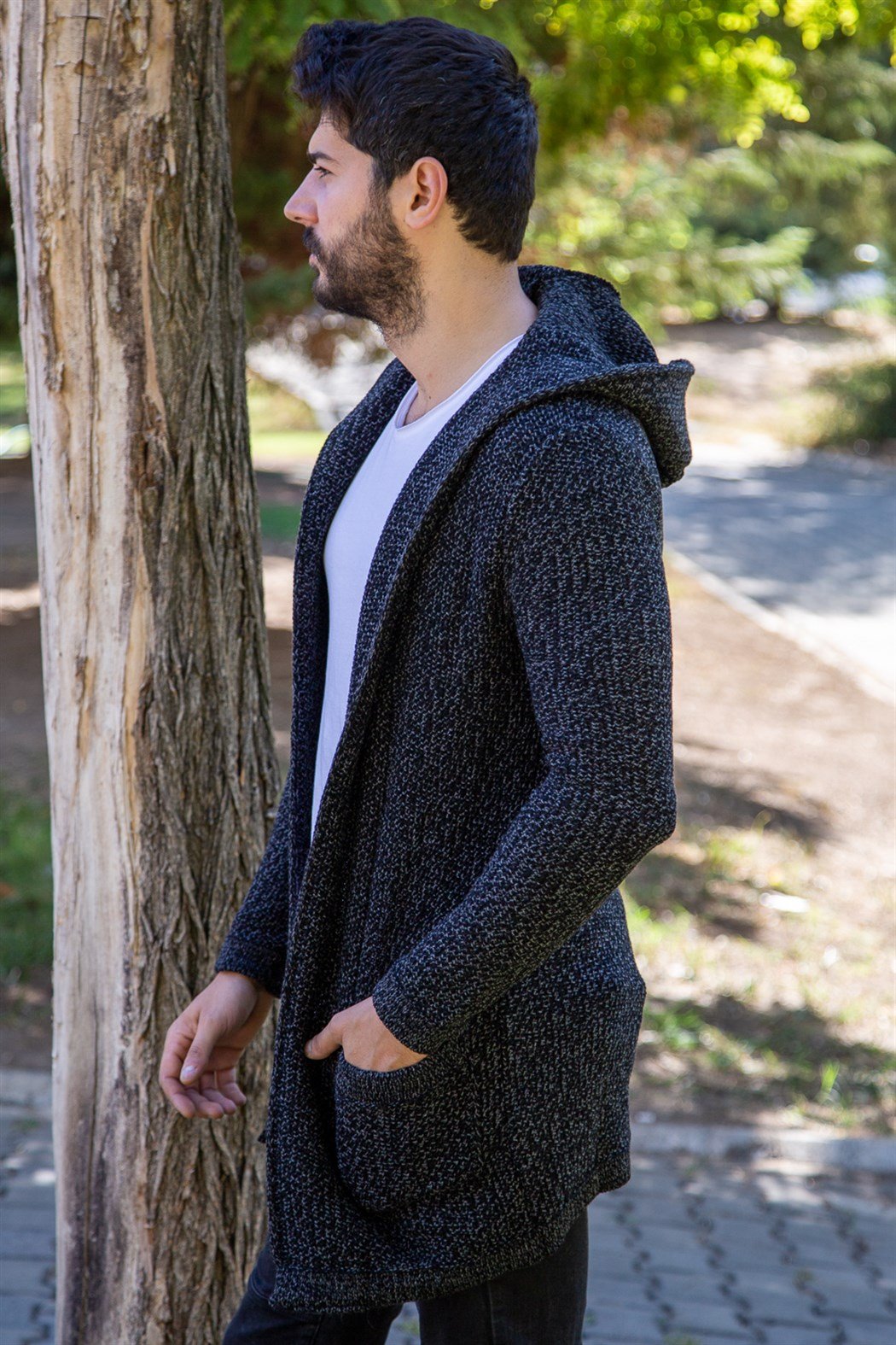 ERKEK Kırçıllı Kalın Hırka Cepli Kapşonlu FÜME SİYAH Hırka FÜME SİYAH