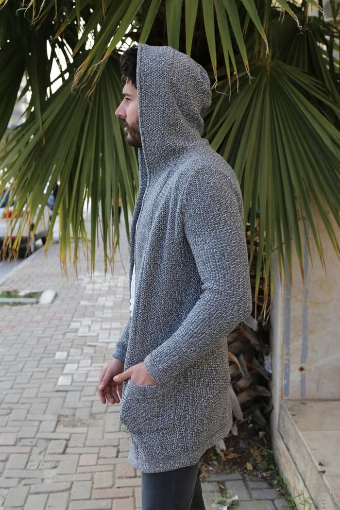 ERKEK Kırçıllı Kalın Hırka Cepli Kapşonlu gri - beyaz Hırka gri - beyaz