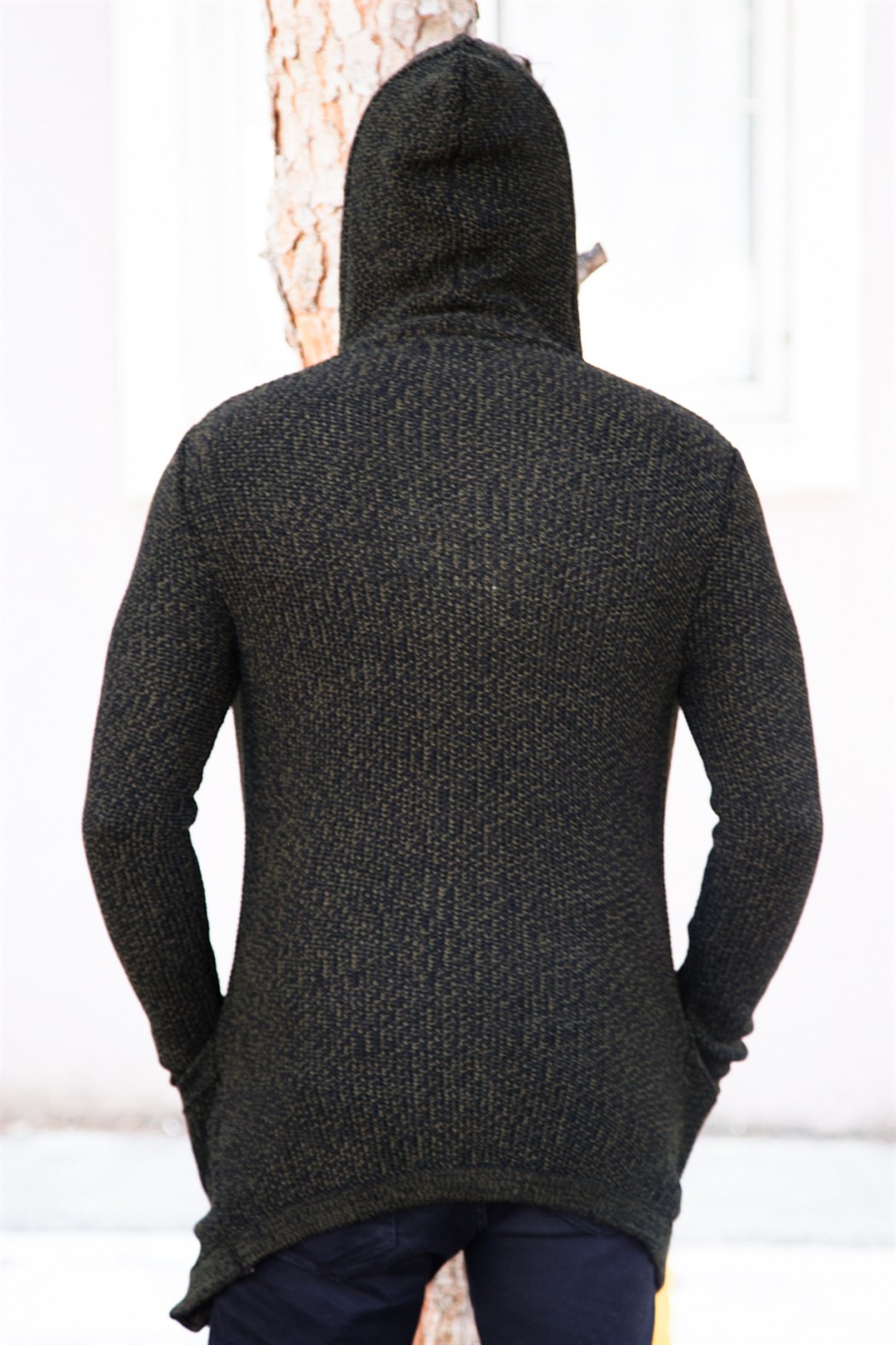 ERKEK Kırçıllı Kalın Hırka Cepli Kapşonlu SİYAH-HAKİ Hırka SİYAH-HAKİ