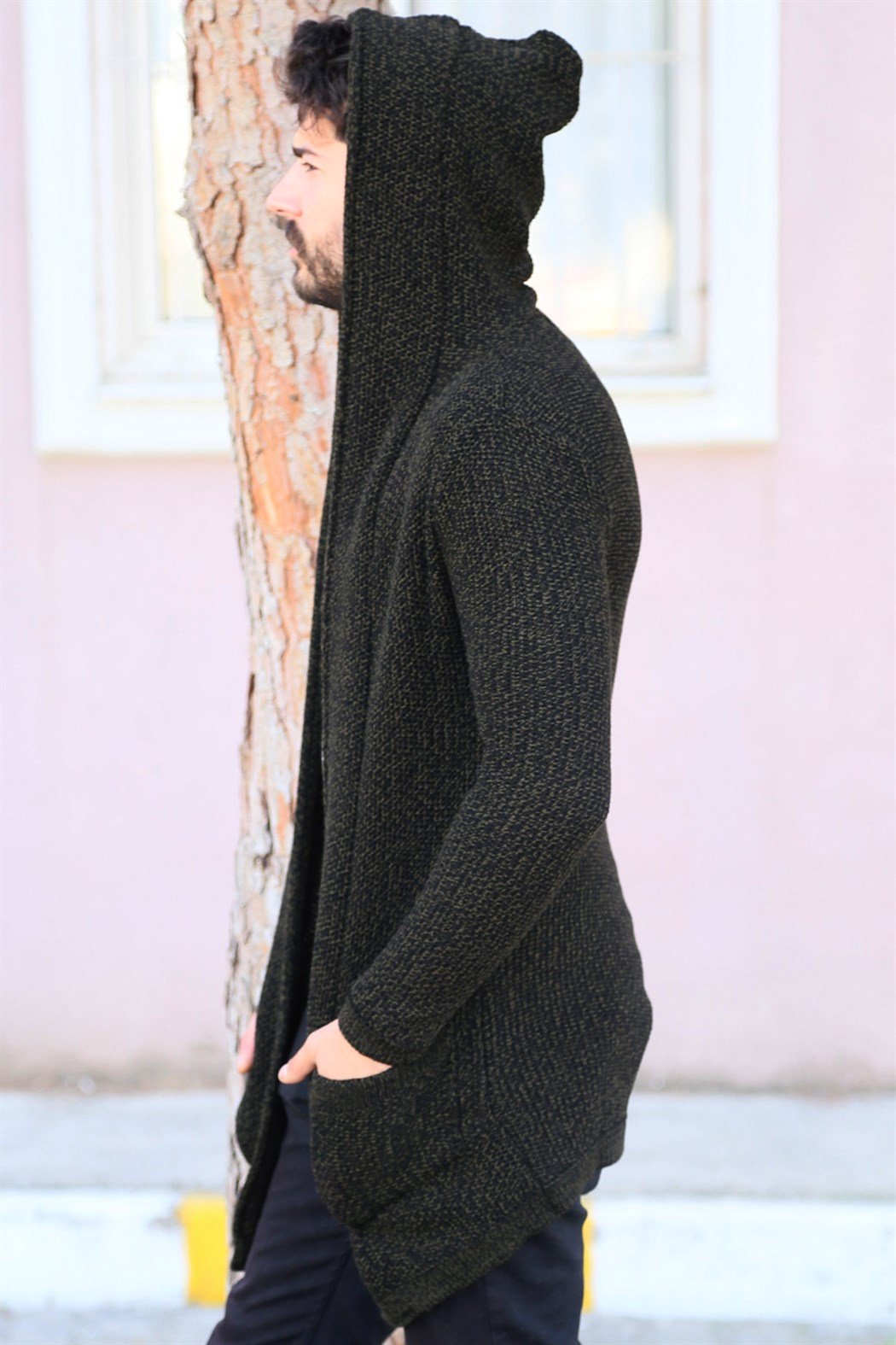 ERKEK Kırçıllı Kalın Hırka Cepli Kapşonlu SİYAH-HAKİ Hırka SİYAH-HAKİ