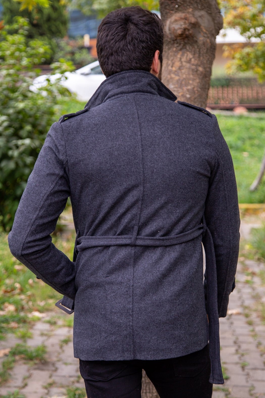 ERKEK Kısa Kemerli Kaşe Kaban ANTRASIT KABAN ANTRASIT