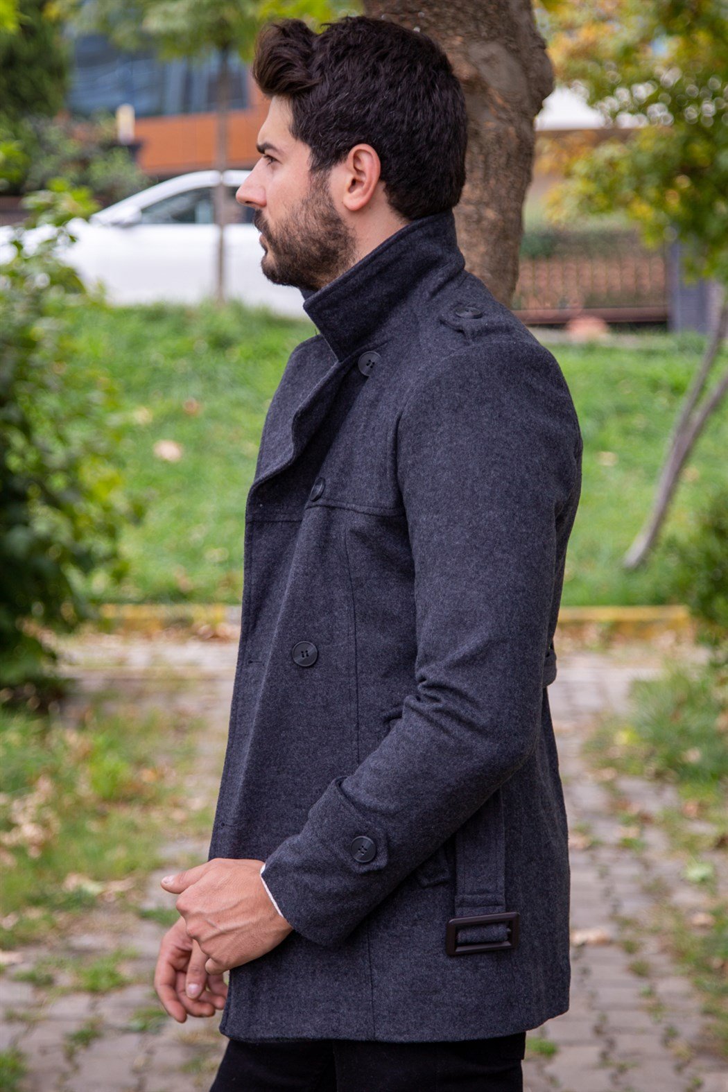 ERKEK Kısa Kemerli Kaşe Kaban ANTRASIT KABAN ANTRASIT