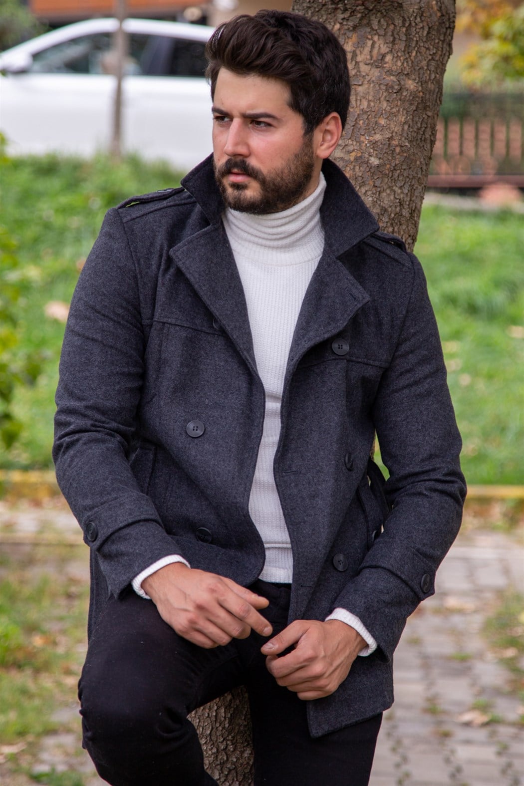 ERKEK Kısa Kemerli Kaşe Kaban ANTRASIT KABAN ANTRASIT