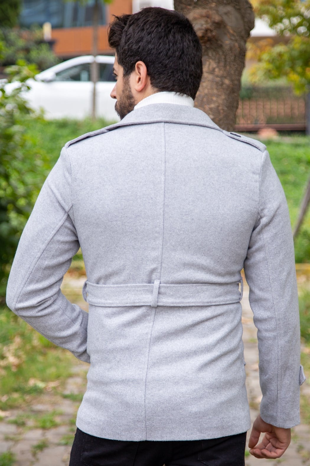 ERKEK Kısa Kemerli Kaşe Kaban GRI KABAN GRI                                                         