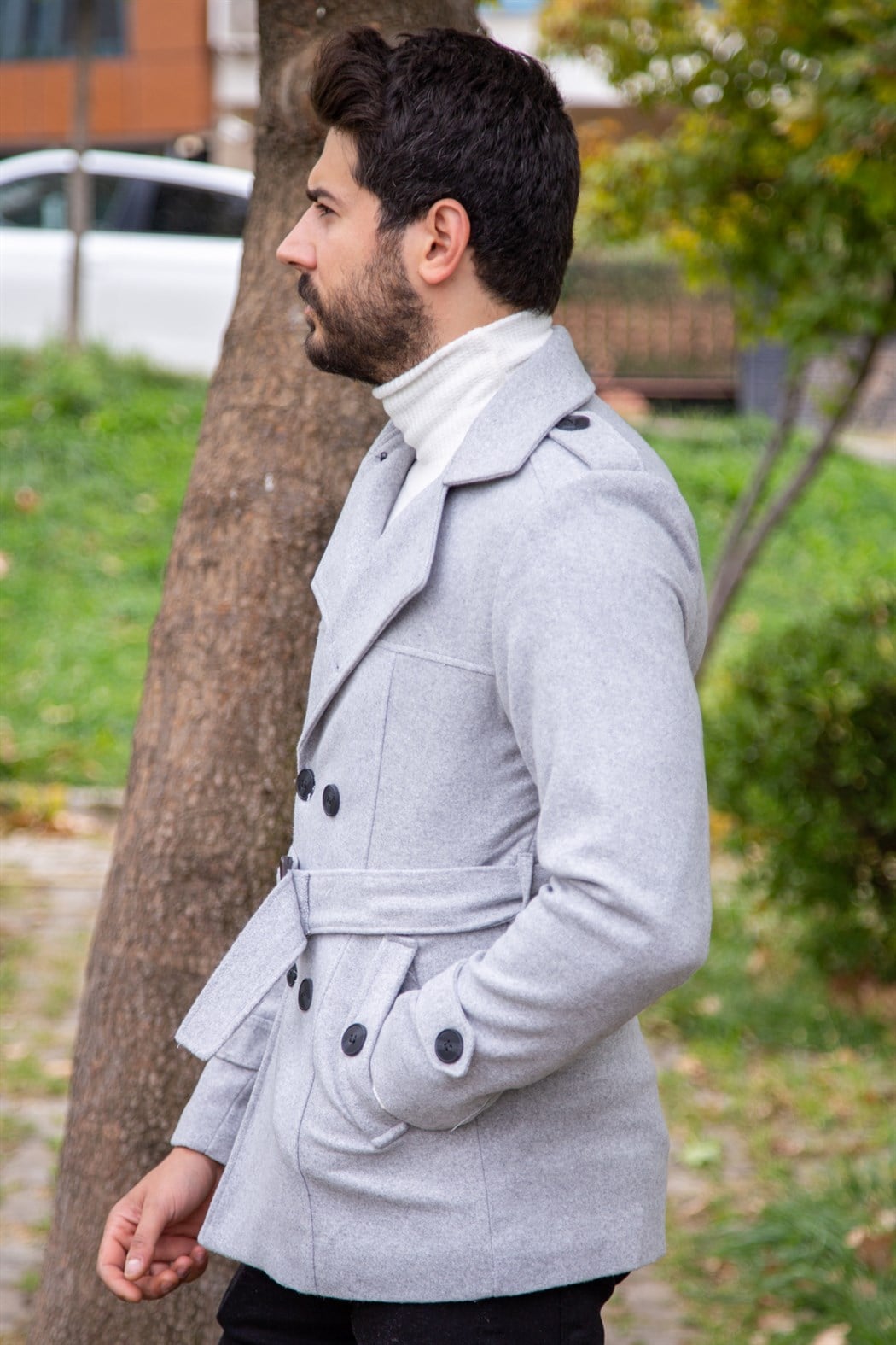 ERKEK Kısa Kemerli Kaşe Kaban GRI KABAN GRI                                                         