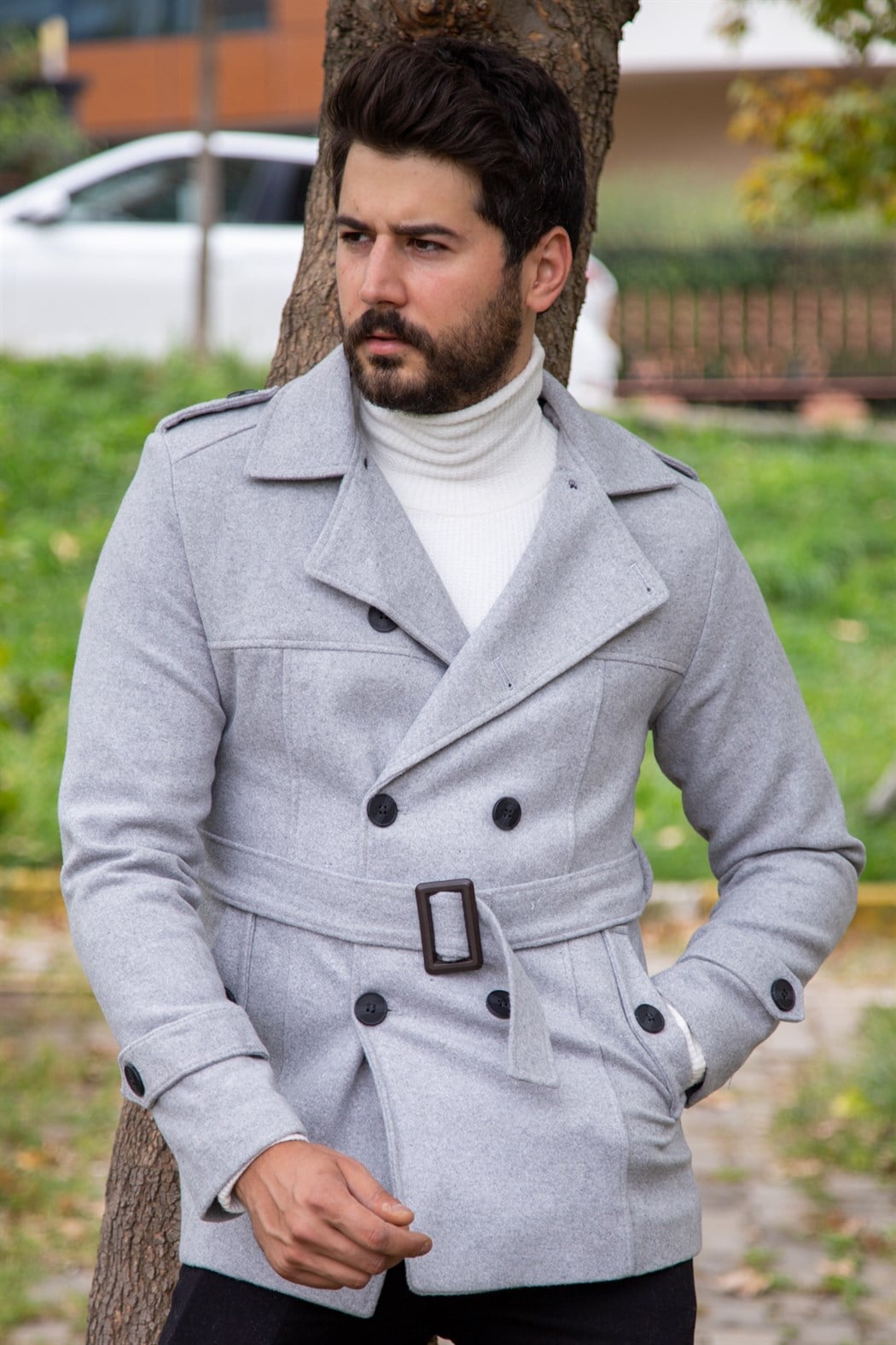 ERKEK Kısa Kemerli Kaşe Kaban GRI KABAN GRI                                                         