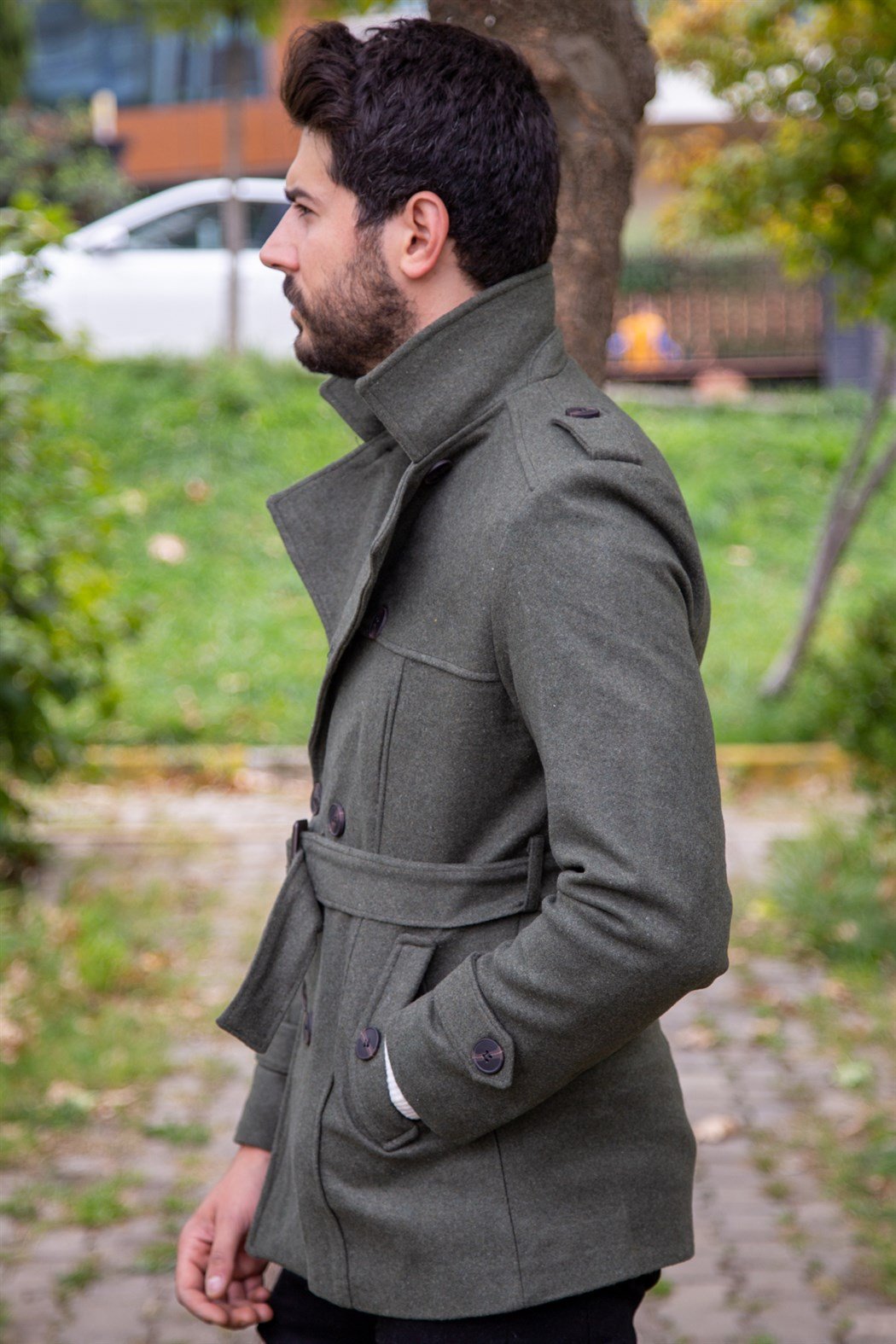 ERKEK Kısa Kemerli Kaşe Kaban HAKI KABAN HAKI