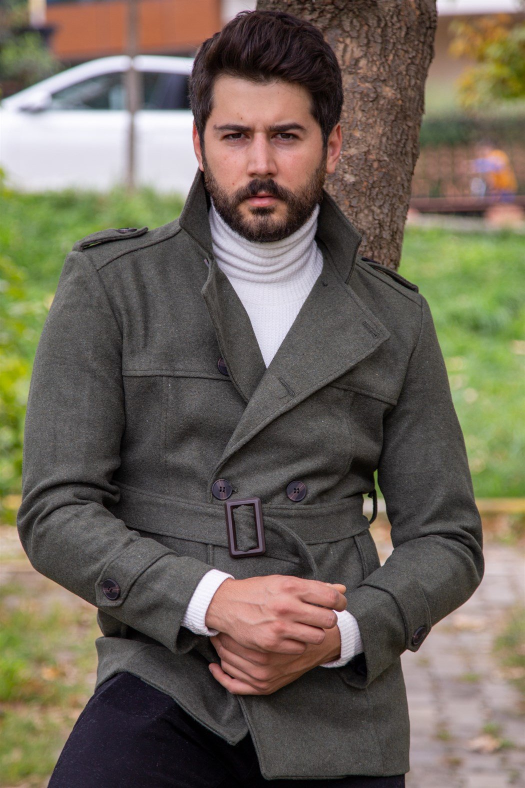 ERKEK Kısa Kemerli Kaşe Kaban HAKI KABAN HAKI