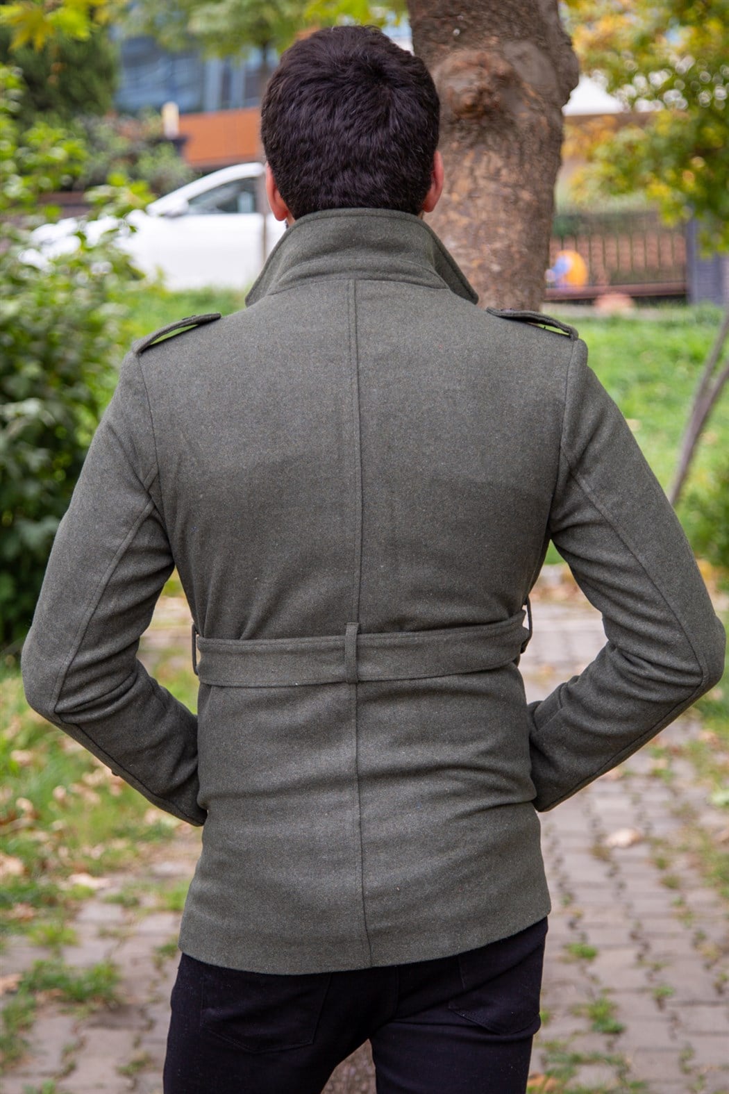 ERKEK Kısa Kemerli Kaşe Kaban HAKI KABAN HAKI