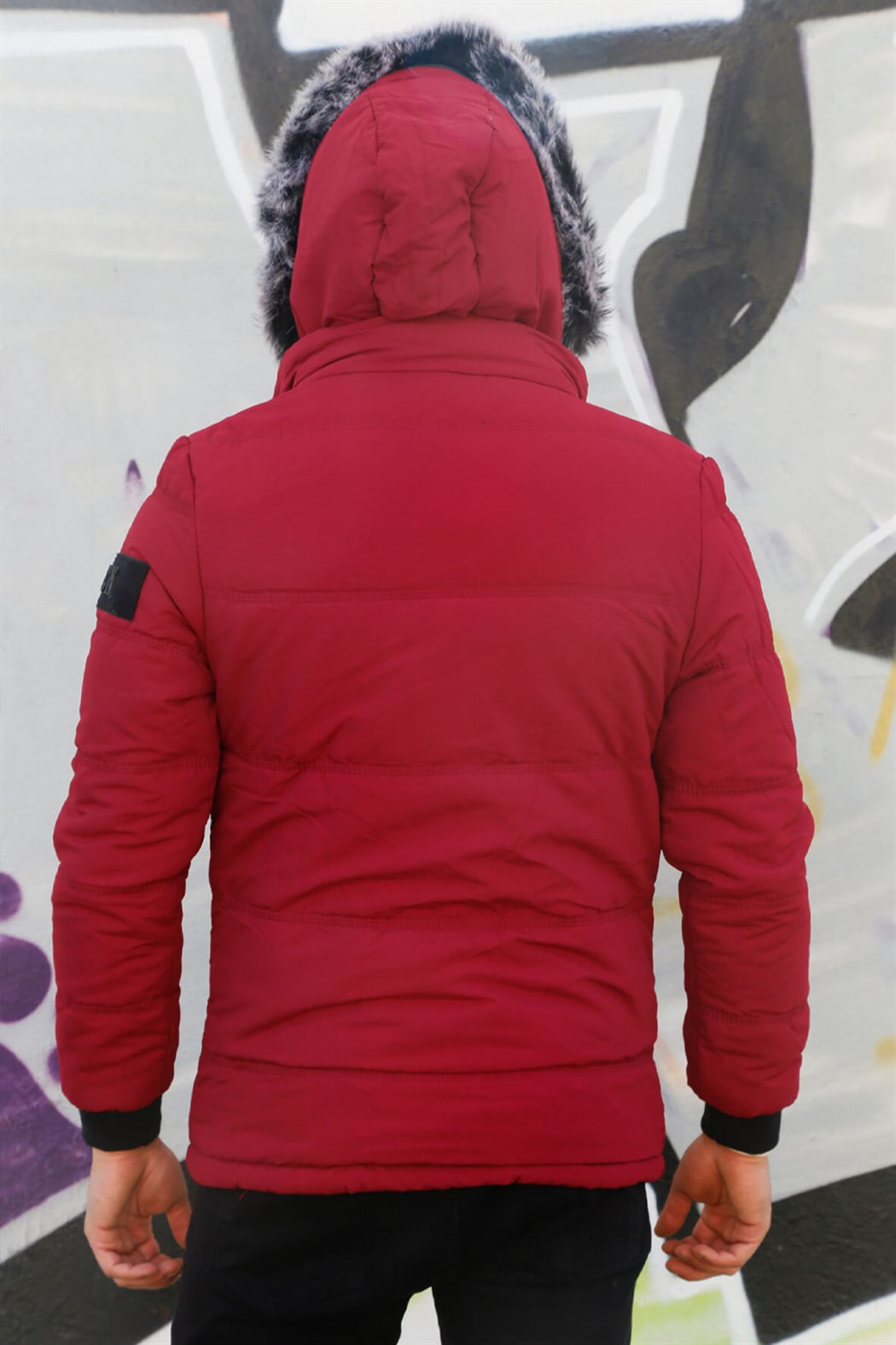 ERKEK Kürklü Kapşonlu Şişme Mont BORDO mont BORDO