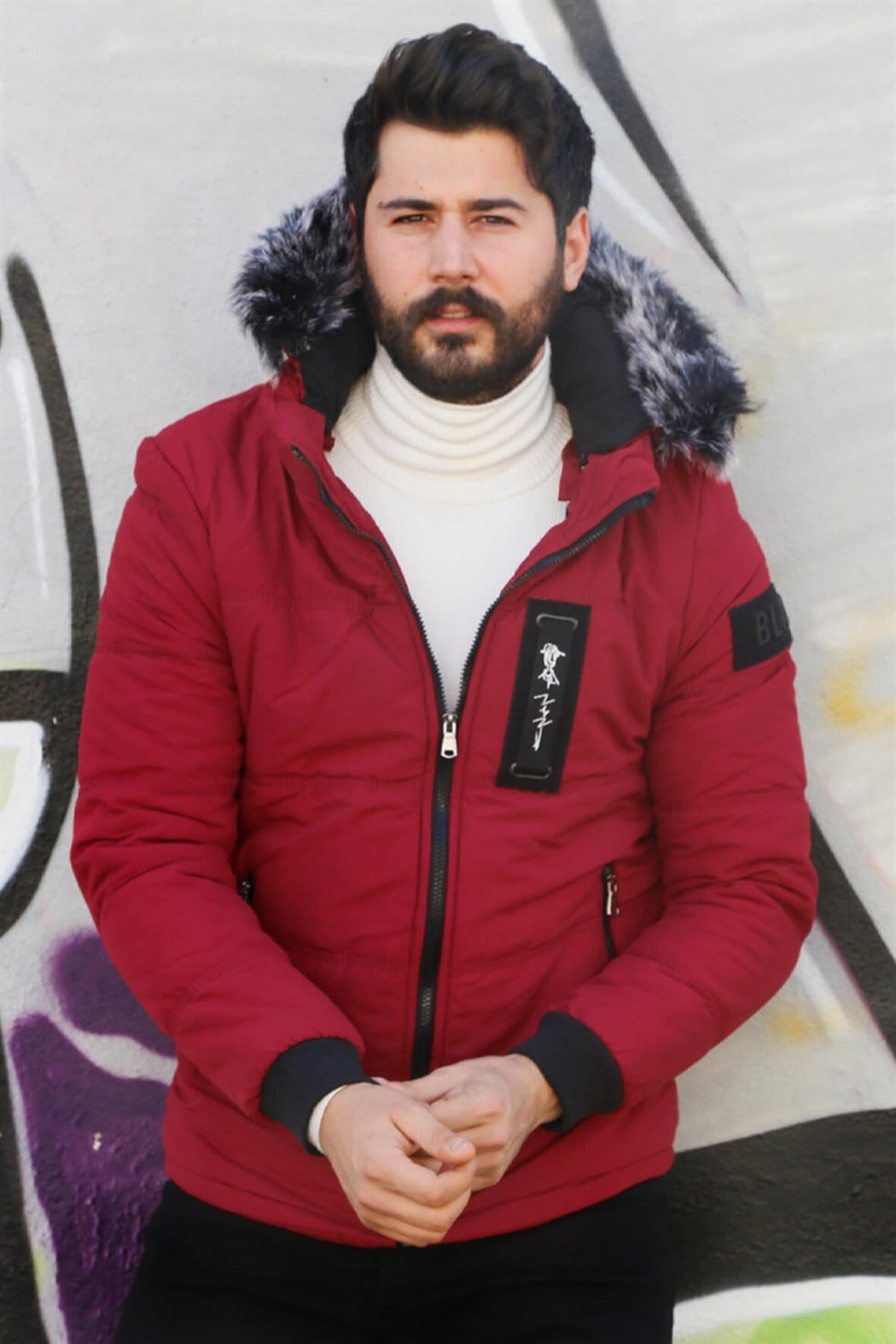 ERKEK Kürklü Kapşonlu Şişme Mont BORDO mont BORDO