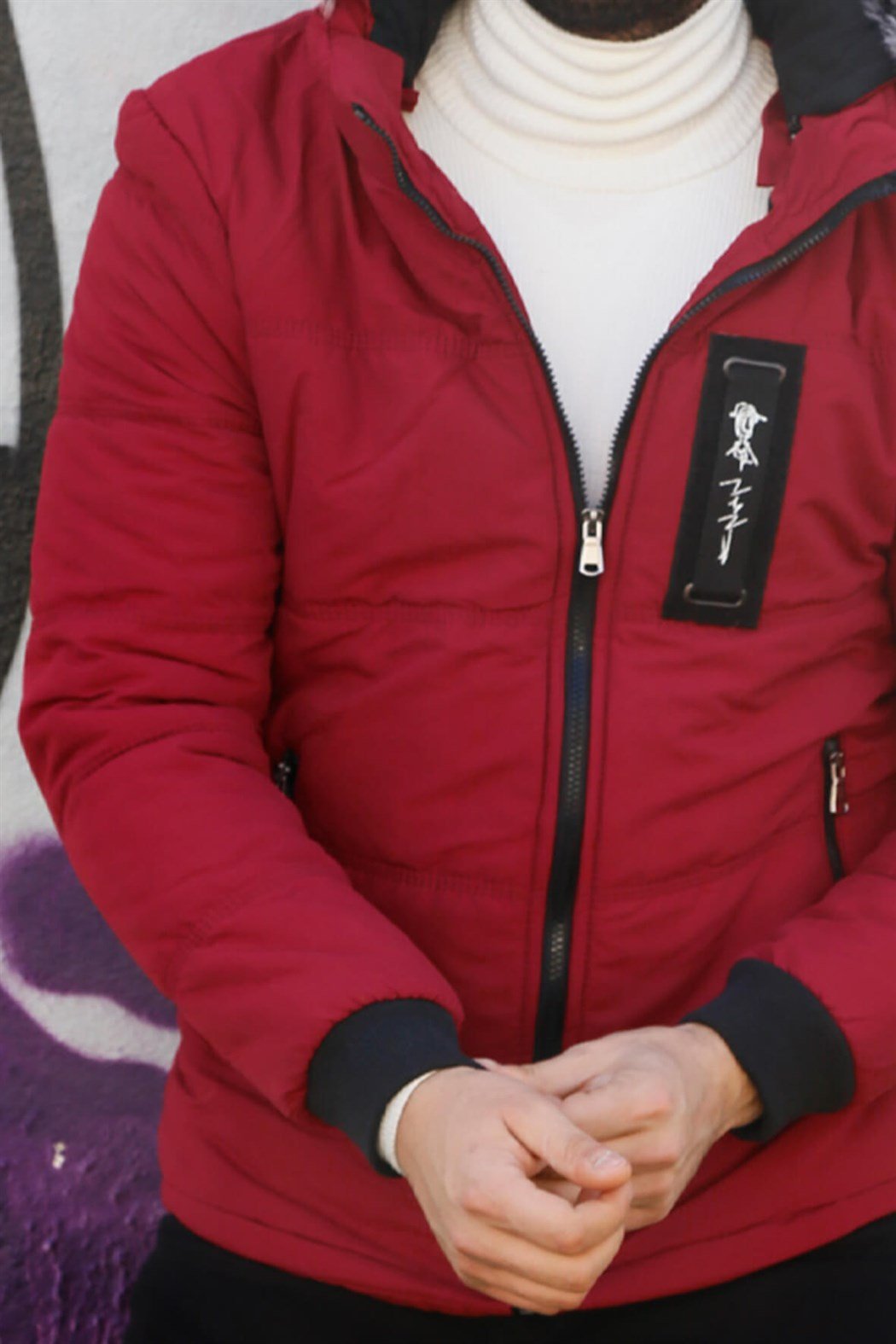 ERKEK Kürklü Kapşonlu Şişme Mont BORDO mont BORDO