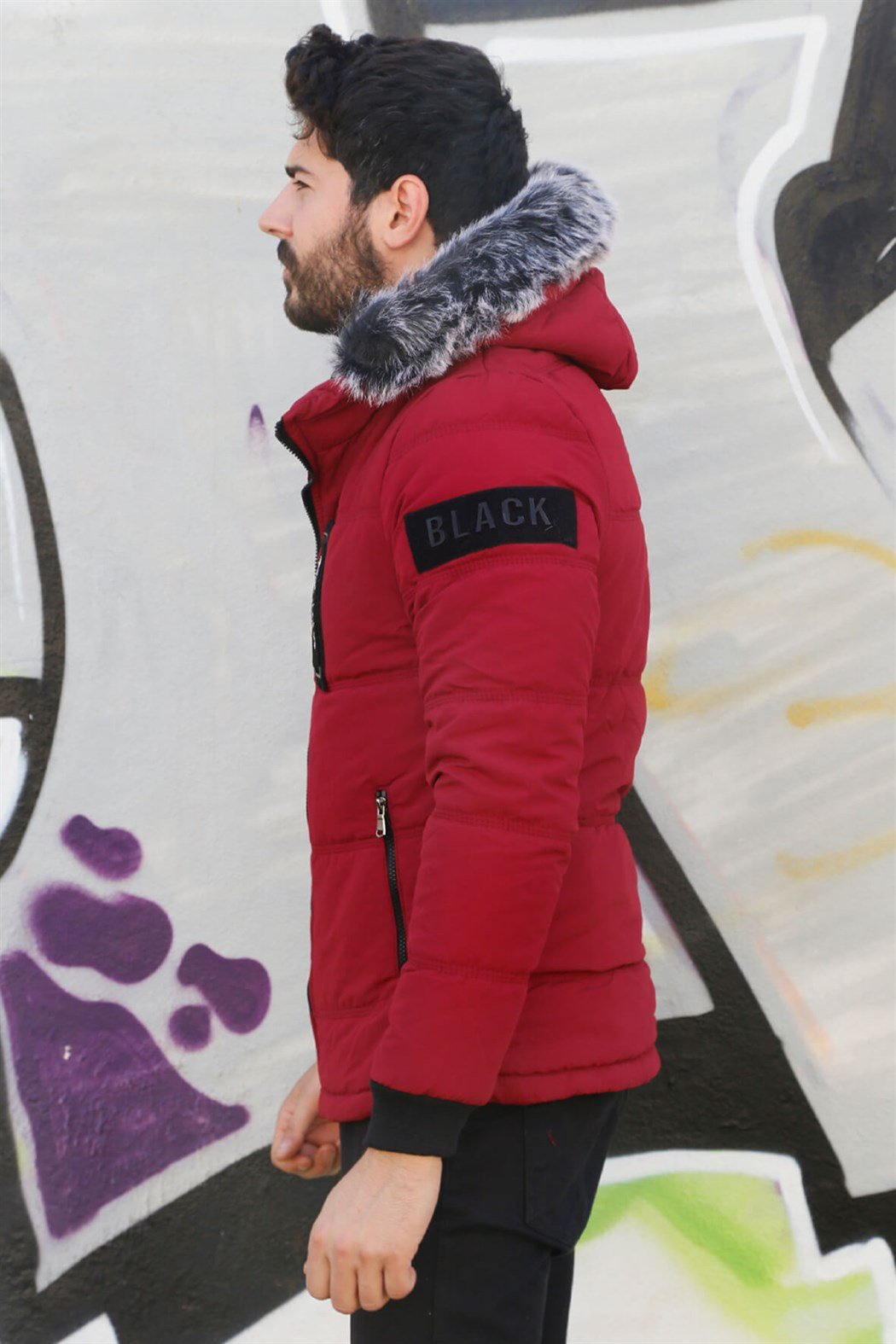 ERKEK Kürklü Kapşonlu Şişme Mont BORDO mont BORDO