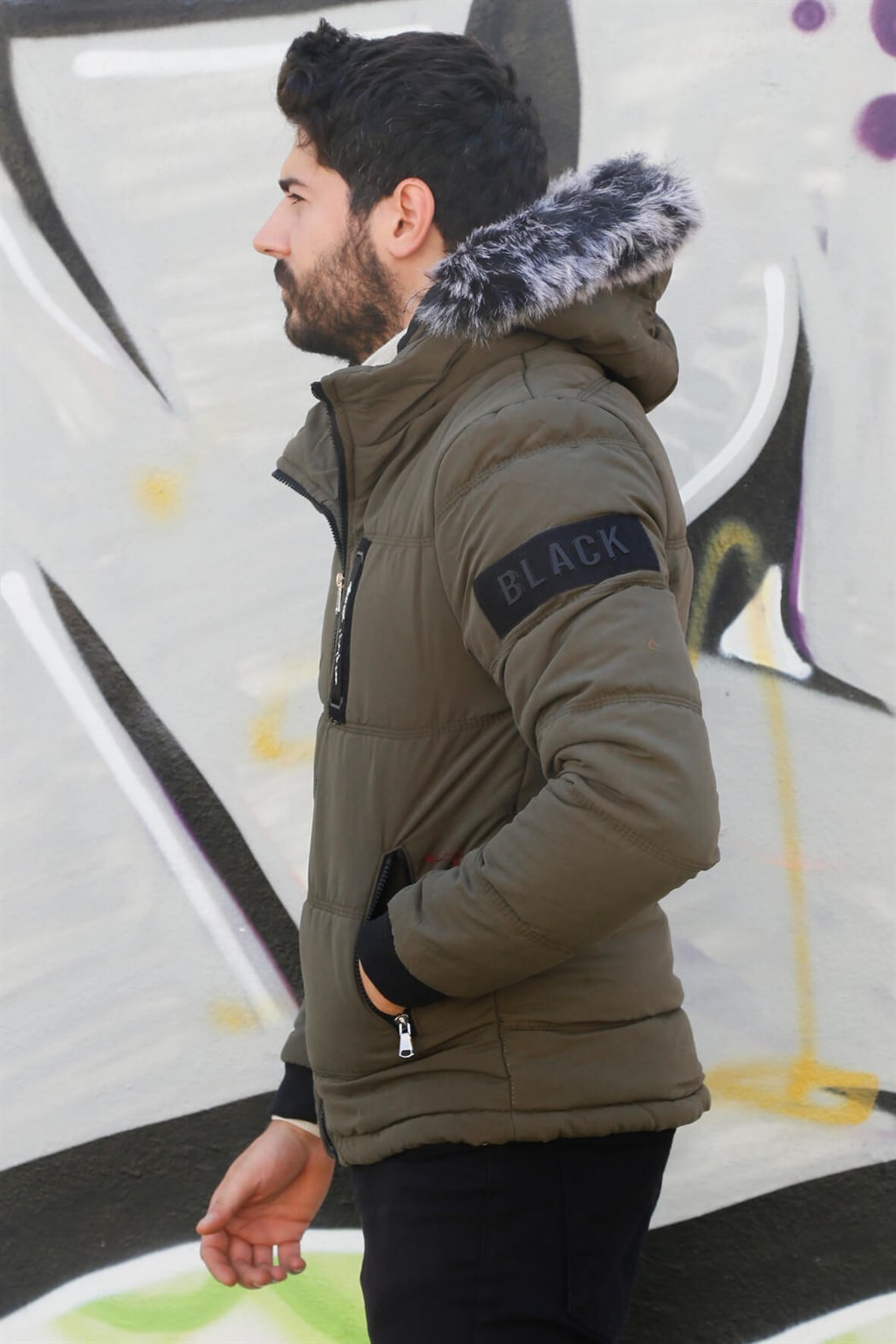 ERKEK Kürklü Kapşonlu Şişme Mont HAKİ YEŞİL mont HAKİ YEŞİL