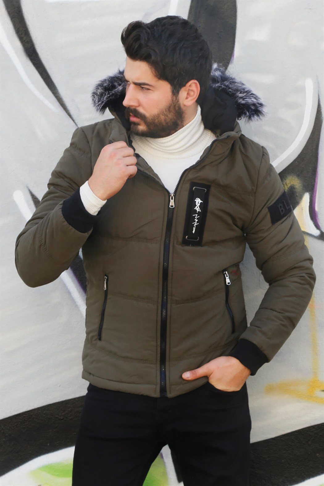 ERKEK Kürklü Kapşonlu Şişme Mont HAKİ YEŞİL mont HAKİ YEŞİL