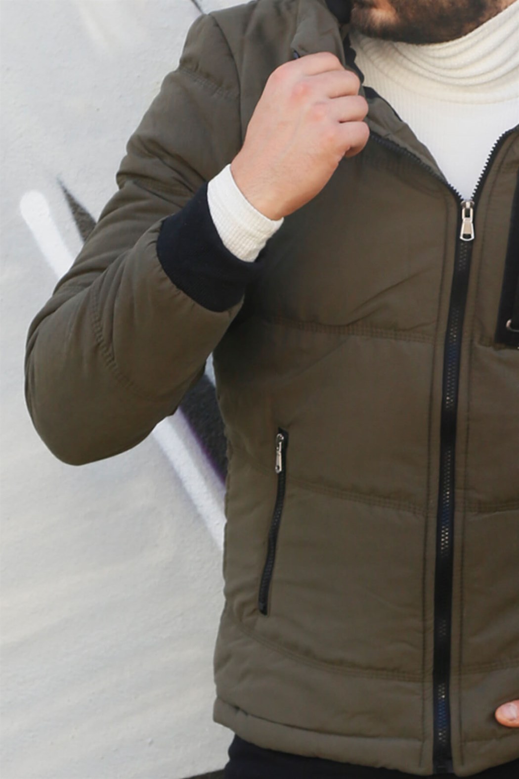 ERKEK Kürklü Kapşonlu Şişme Mont HAKİ YEŞİL mont HAKİ YEŞİL