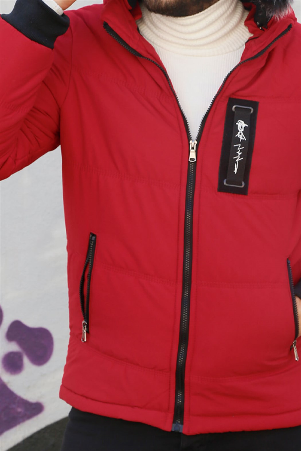 ERKEK Kürklü Kapşonlu Şişme Mont KIRMIZI mont KIRMIZI