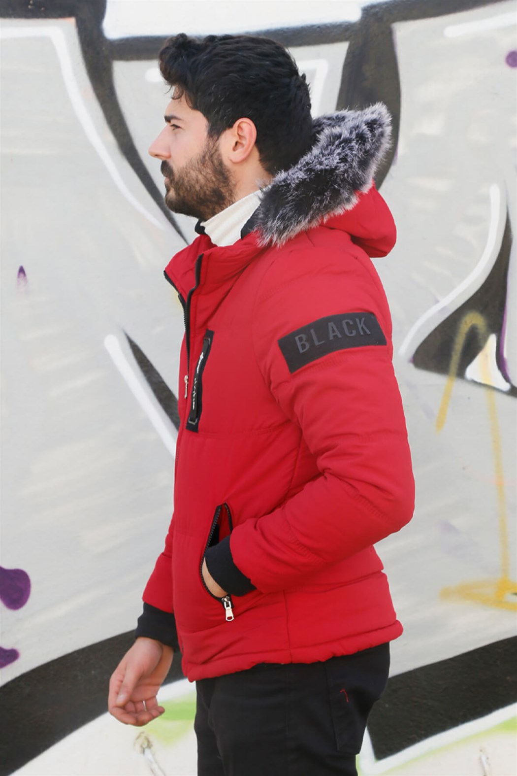 ERKEK Kürklü Kapşonlu Şişme Mont KIRMIZI mont KIRMIZI