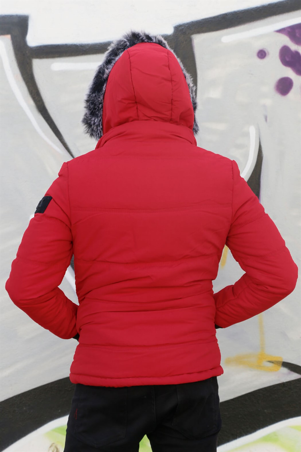 ERKEK Kürklü Kapşonlu Şişme Mont KIRMIZI mont KIRMIZI