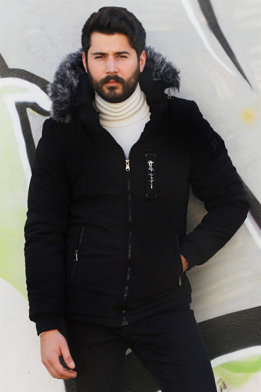 ERKEK Kürklü Kapşonlu Şişme Mont SİYAH mont SİYAH