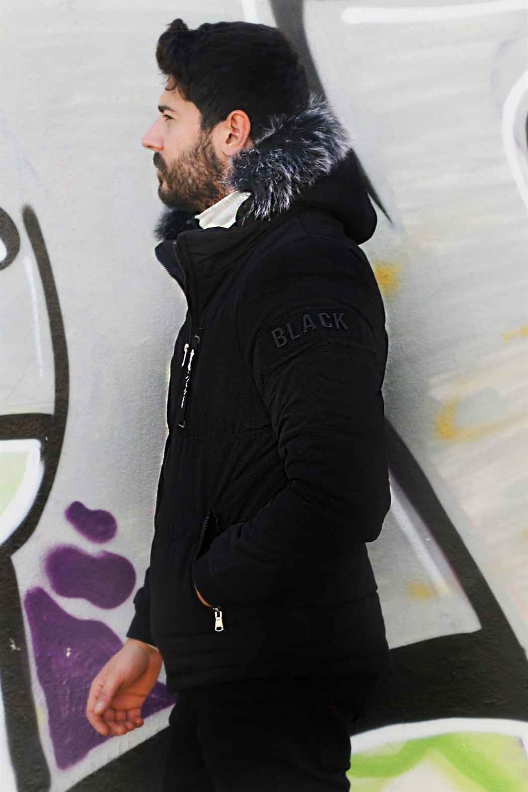 ERKEK Kürklü Kapşonlu Şişme Mont SİYAH mont SİYAH