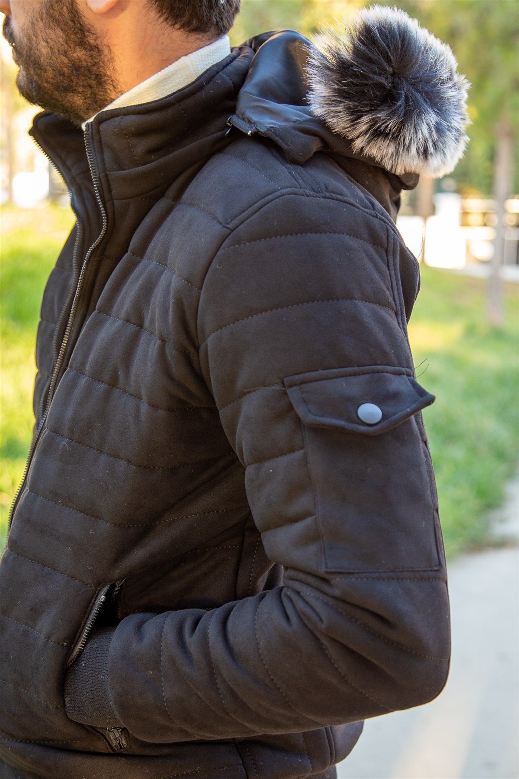 ERKEK KÜRKLÜ KAPŞONLU SÜET MONT SİYAH mont SİYAH