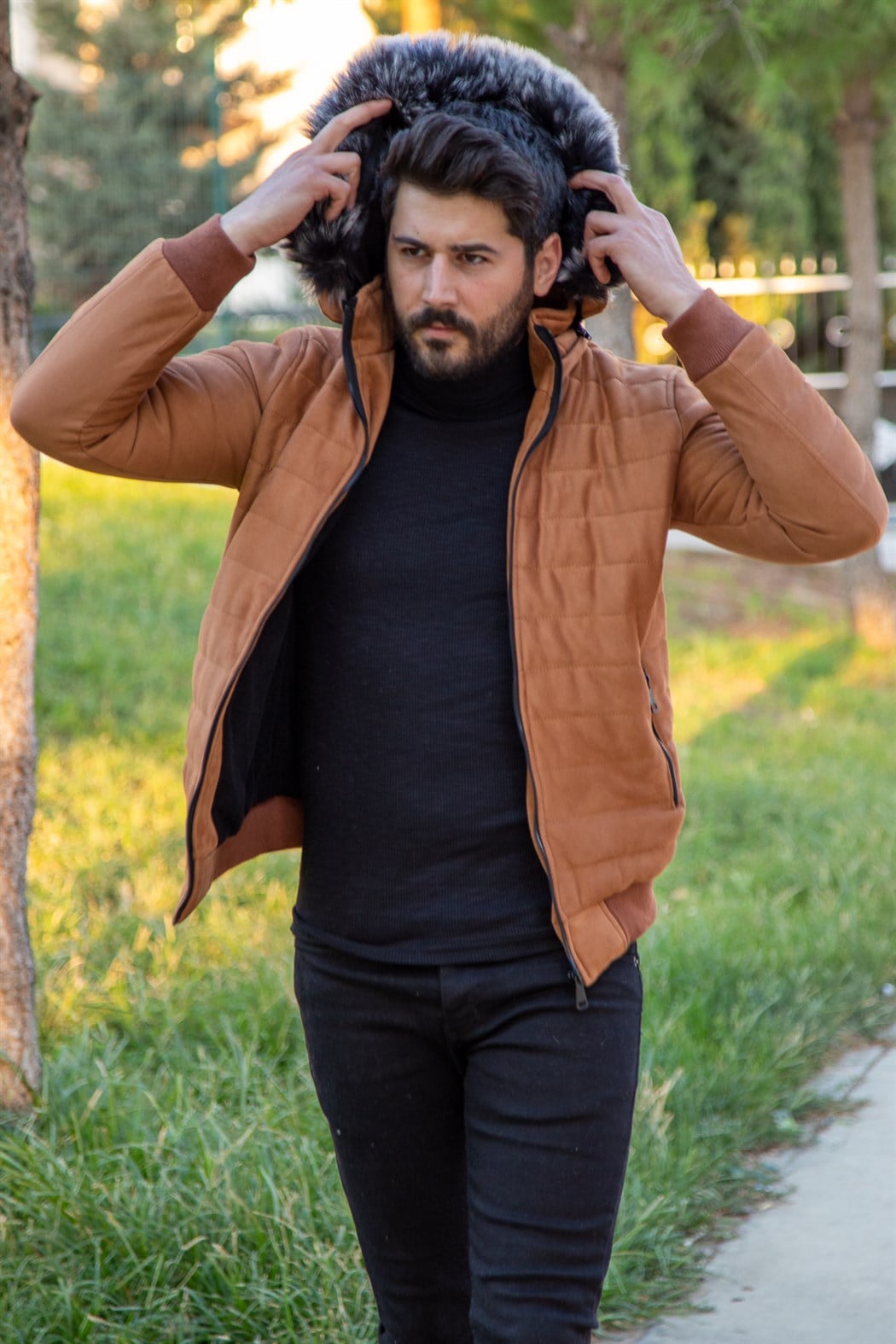 ERKEK KÜRKLÜ KAPŞONLU SÜET MONT TABA mont TABA