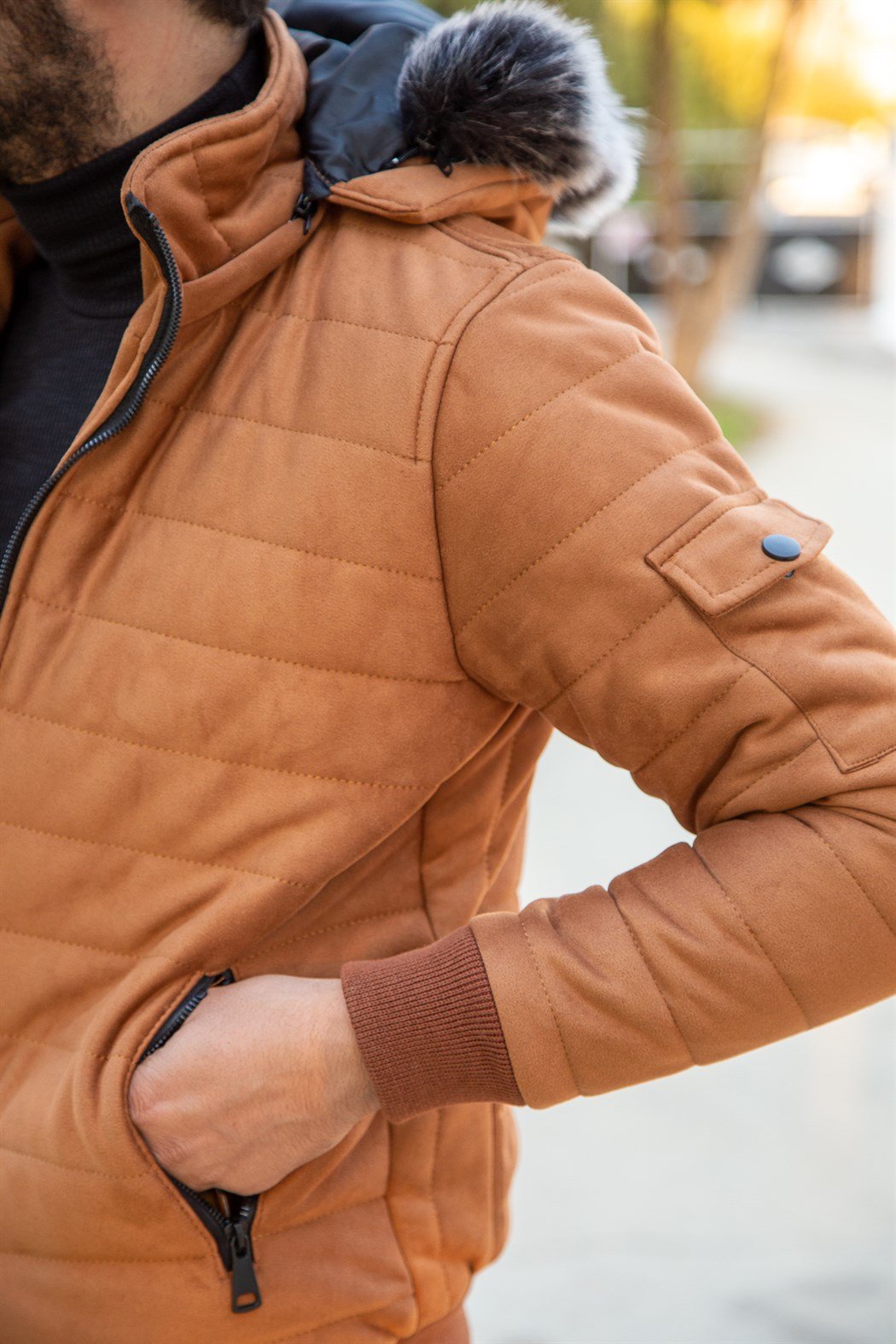 ERKEK KÜRKLÜ KAPŞONLU SÜET MONT TABA mont TABA