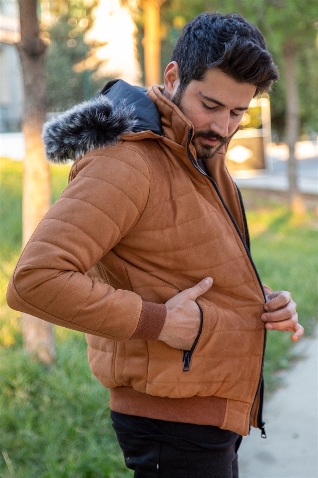 ERKEK KÜRKLÜ KAPŞONLU SÜET MONT TABA mont TABA