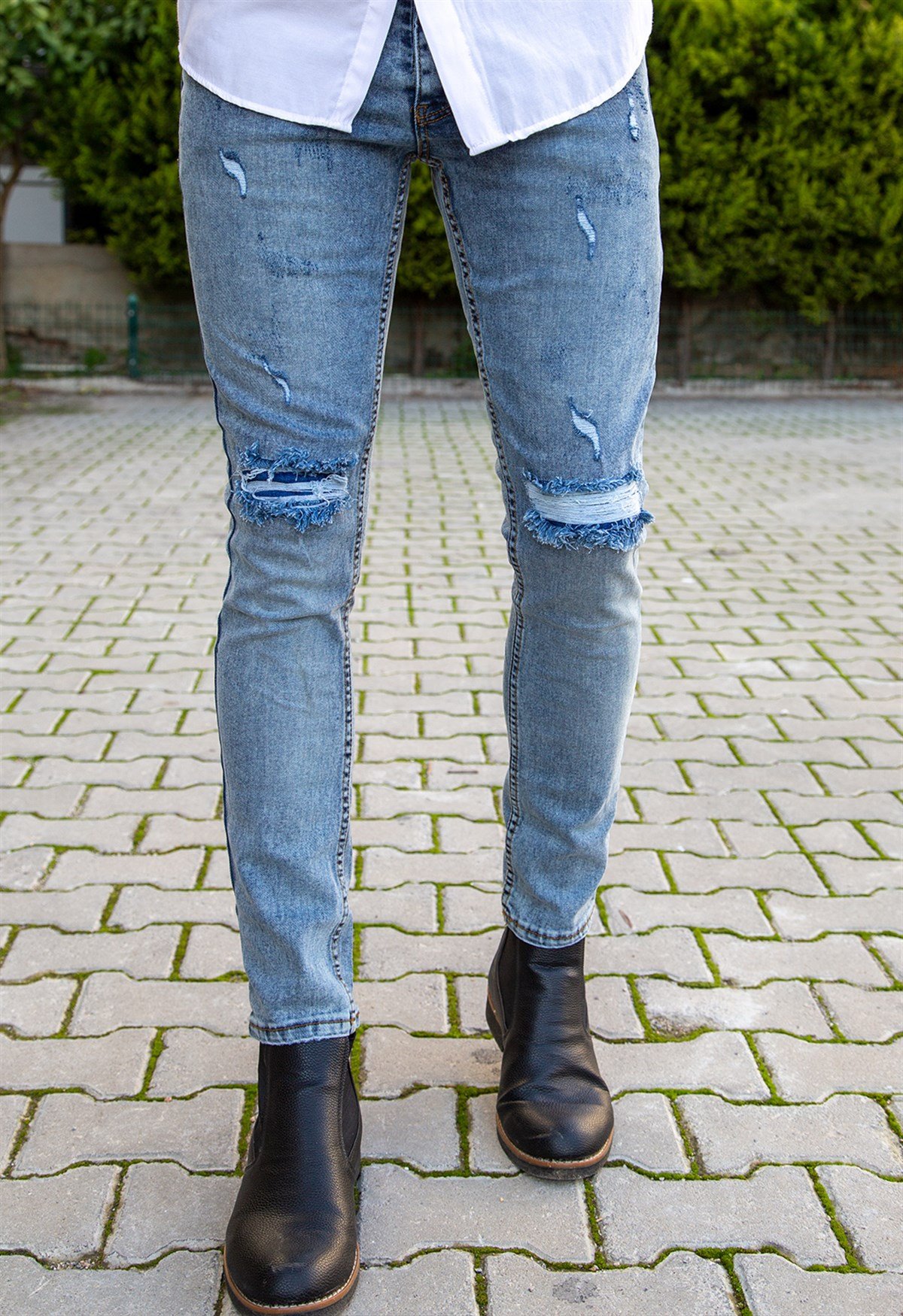 ERKEK LİKRALI YIRTIKLI KİRLİ GRİ JEAN YIRTIKLI KİRLİ GRİ