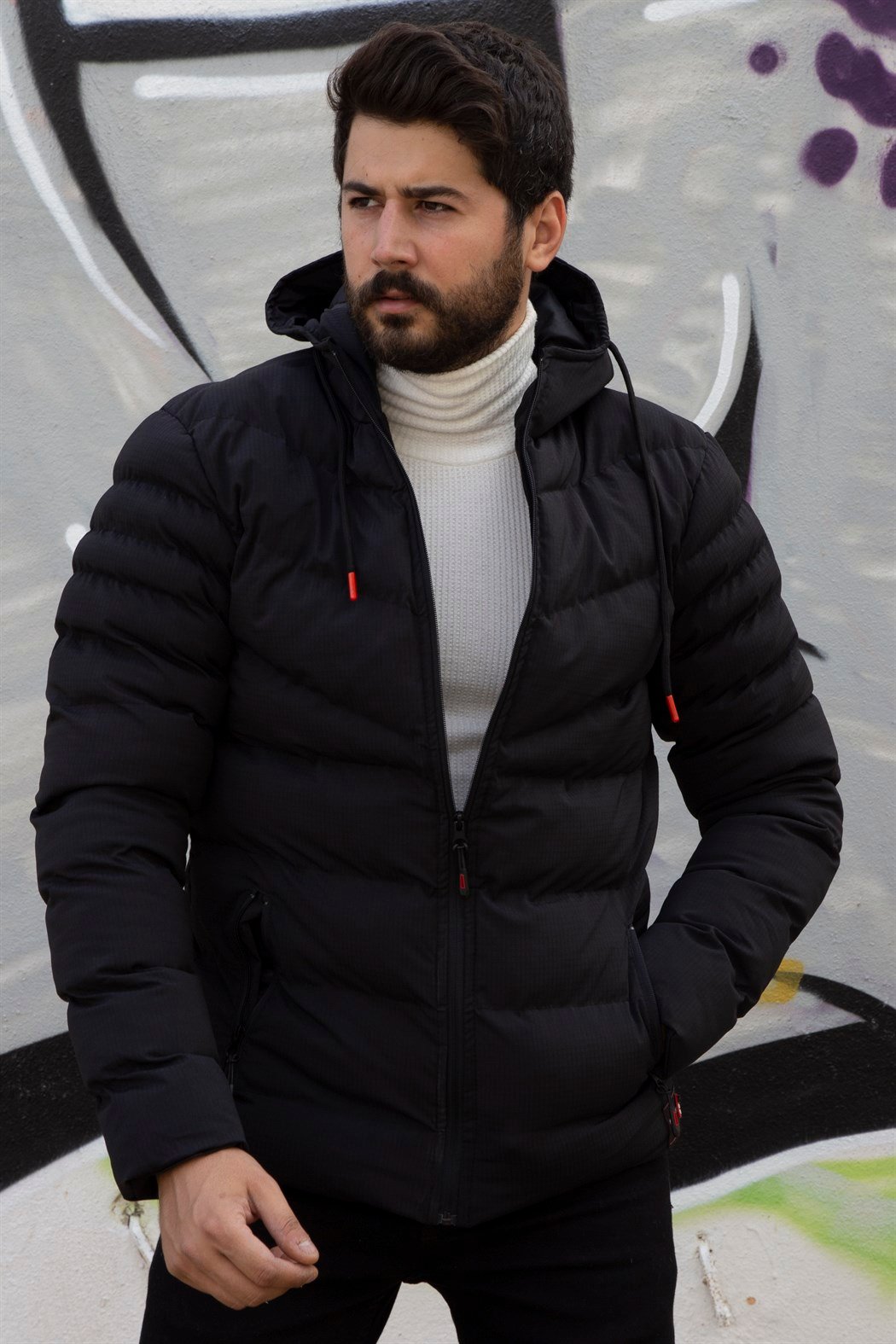 ERKEK SABİT KAPŞONLU ŞİŞME MONT SİYAH mont SİYAH